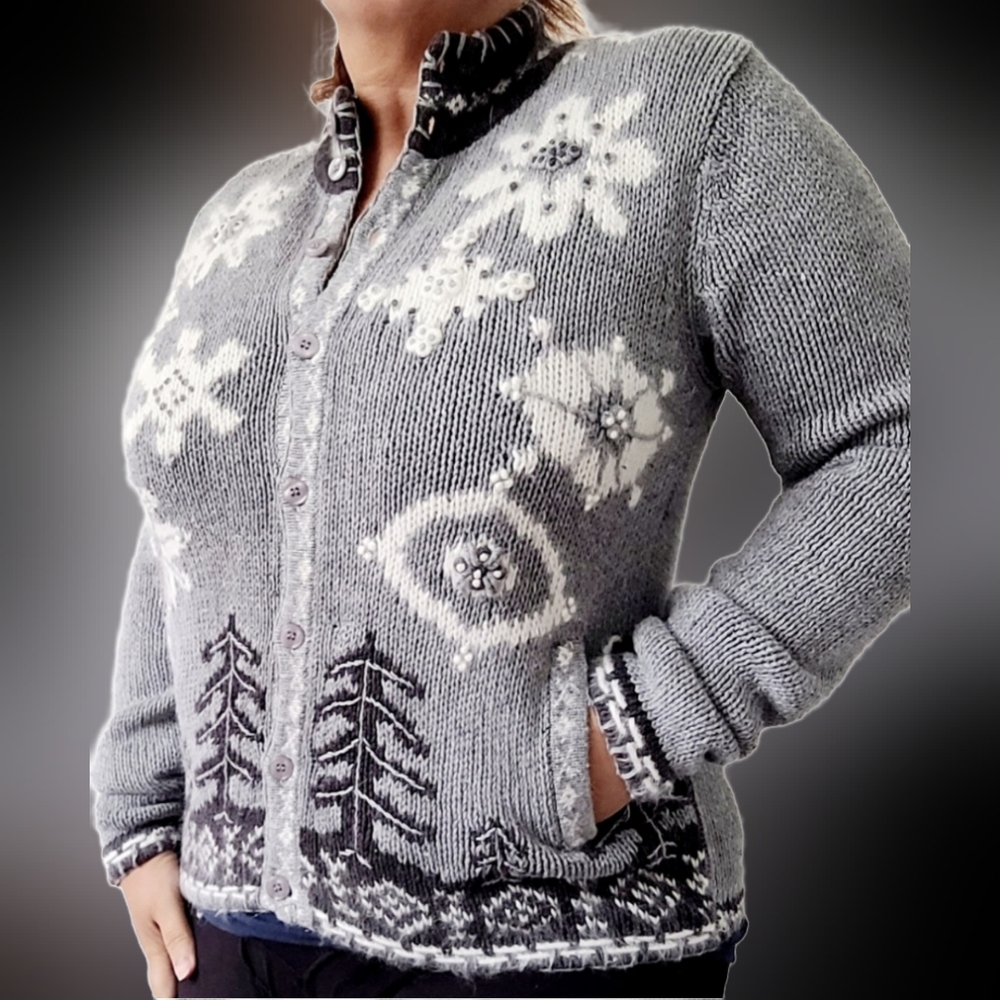 B.Moss VTG Women's Sweater Cardigan Snowflake Ramie/Cotton Gray/White Textured M